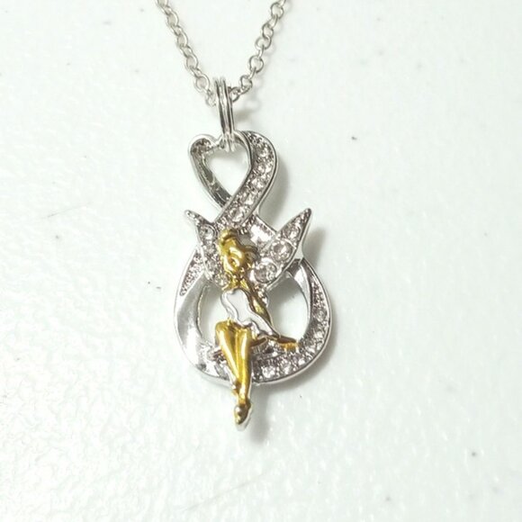 Tinkerbell Disney Cubic Zirconia Gold Silver Tone Infinity Pendant Necklace New - Picture 1 of 3